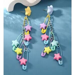 Kawaii Pastel Star Safety Pin Dangle Earrings – Y2K Aesthetic Drop Jewelry